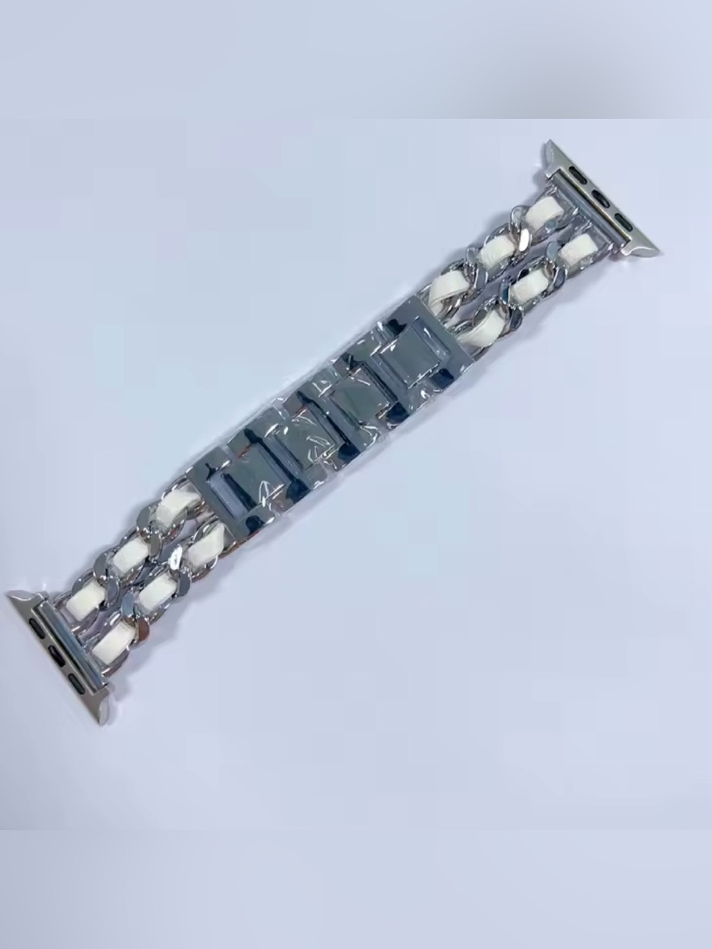 New silver and White Chain-Link Leather band for Apple Watch 38-49mm